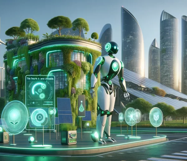 A green artificial intelligence robot stands in front of a futuristic cityscape