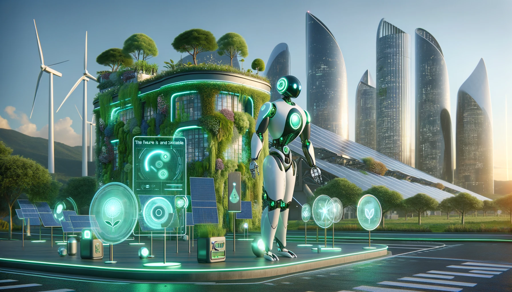 A green artificial intelligence robot stands in front of a futuristic cityscape