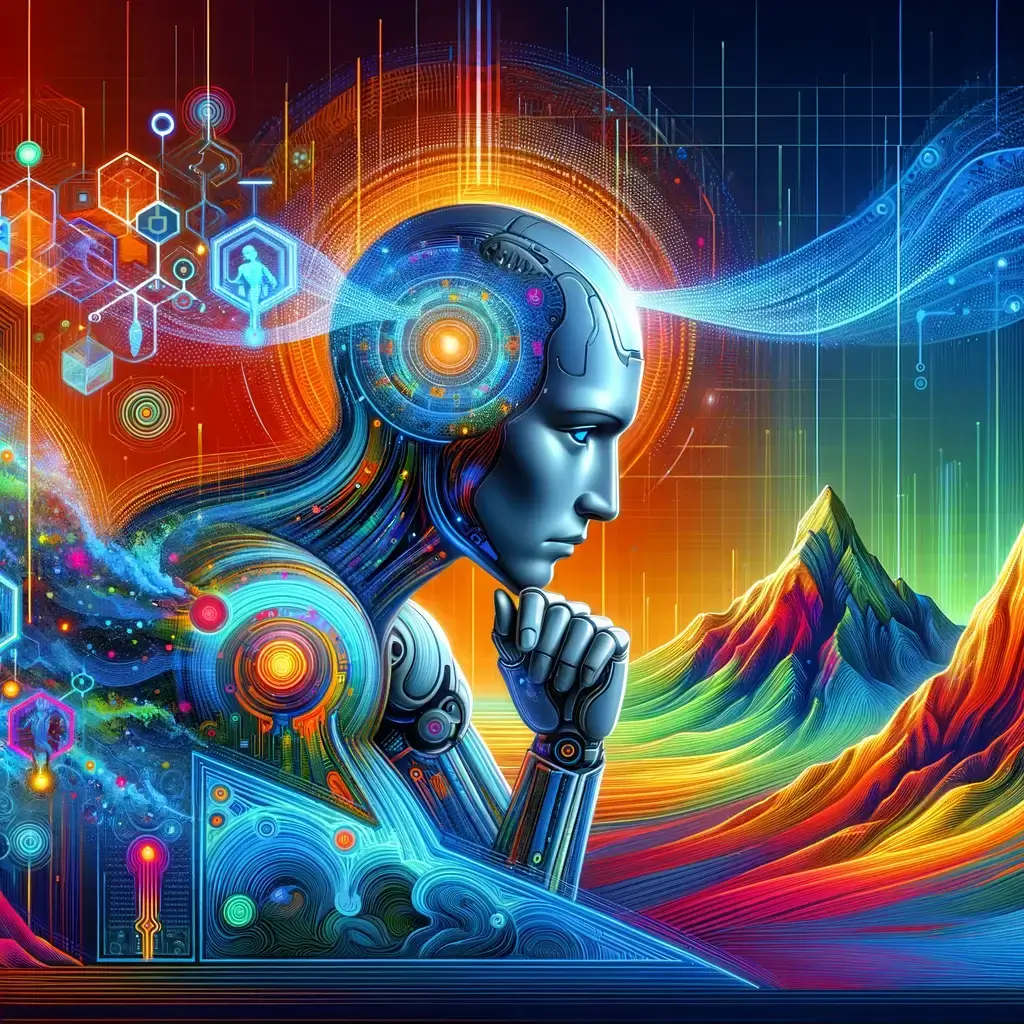 A vibrant, futuristic image of an AI figure in deep thought, surrounded by mountains.- Components of Artificial Intelligence 2