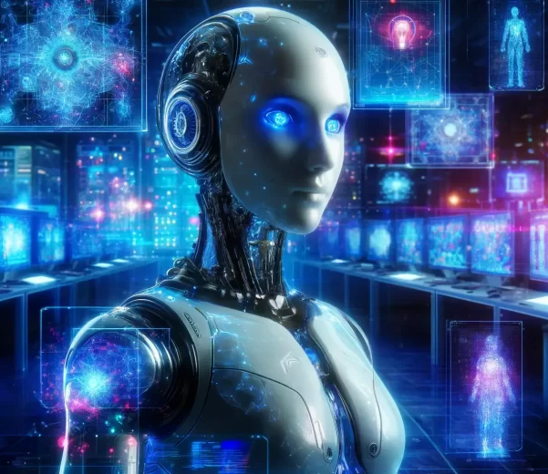 A futuristic humanoid robot with glowing blue eyes in a high-tech control room filled with holographic displays and computer screens.