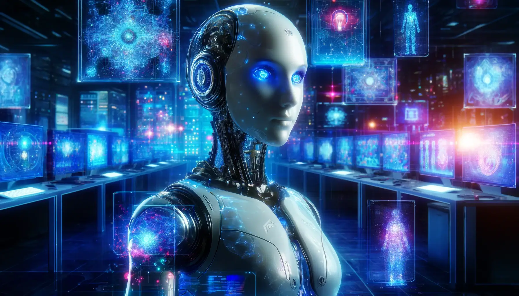 A futuristic humanoid robot with glowing blue eyes in a high-tech control room filled with holographic displays and computer screens.