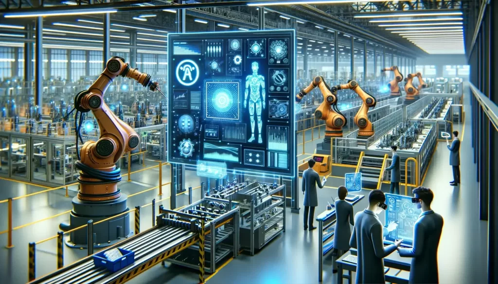 A futuristic factory with AI integration and robotic arms assembling high-tech components - Artificial Intelligence Hardware 2