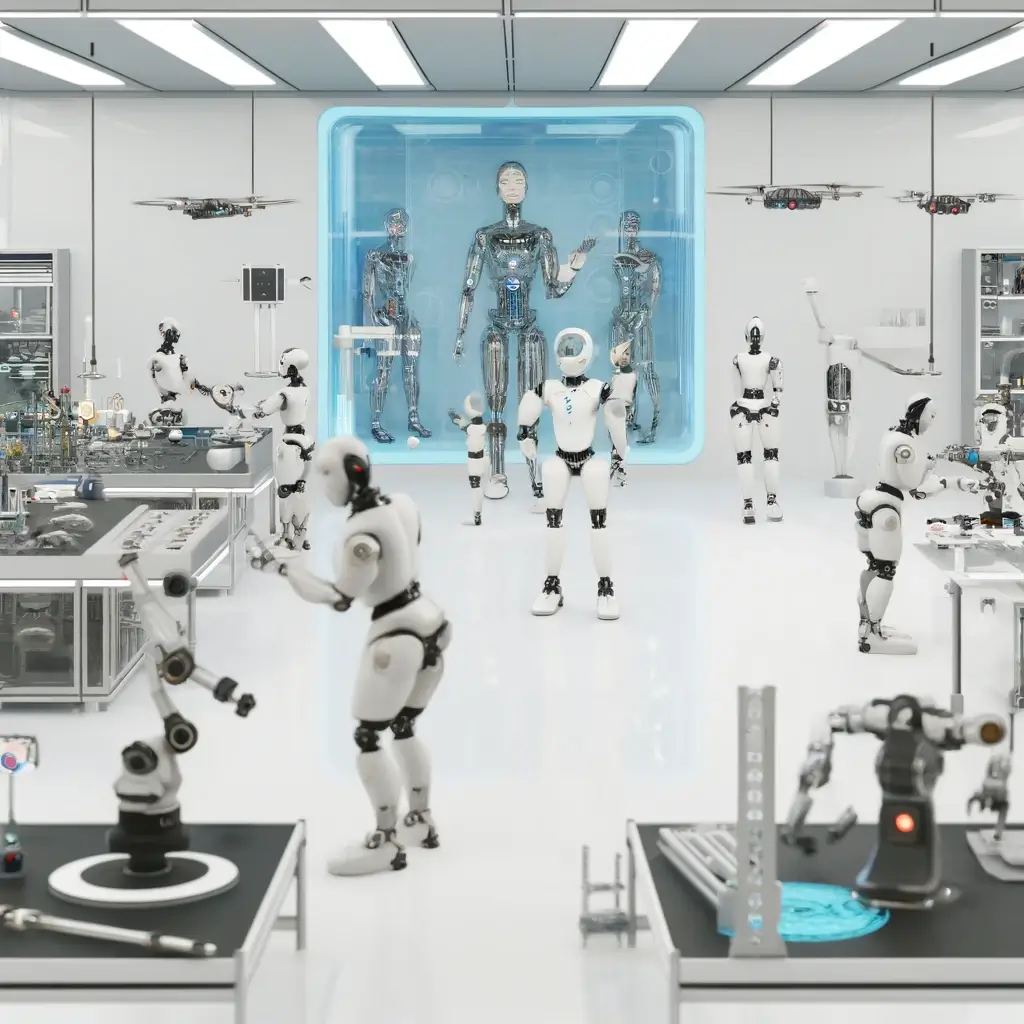 A futuristic laboratory filled with advanced robots performing various tasks - Types of Artificial Intelligence 2