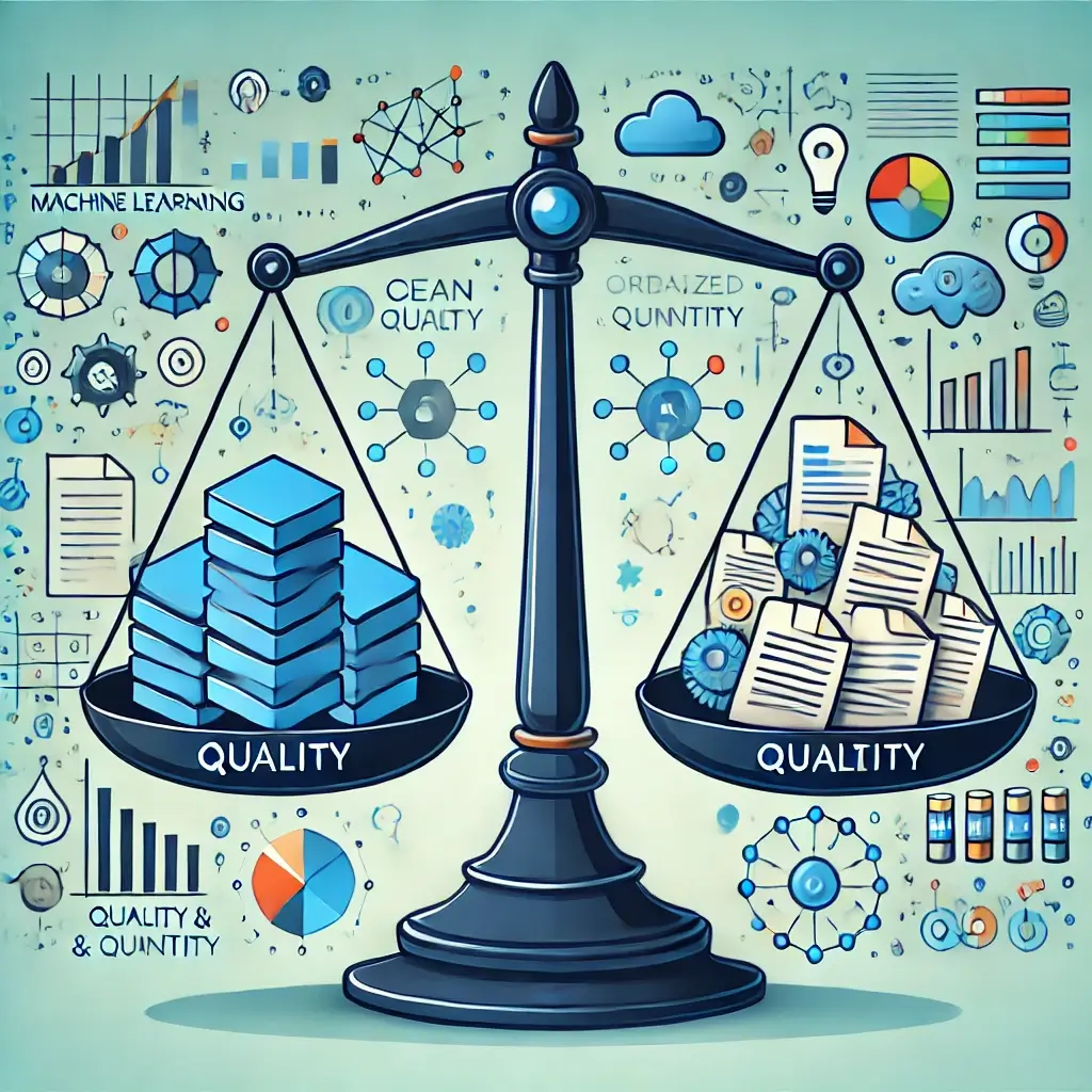 Depict a balance between clean, organized data and a large quantity of raw, unstructured data, surrounded by symbols of machine learning - Machine Learning Demystified2