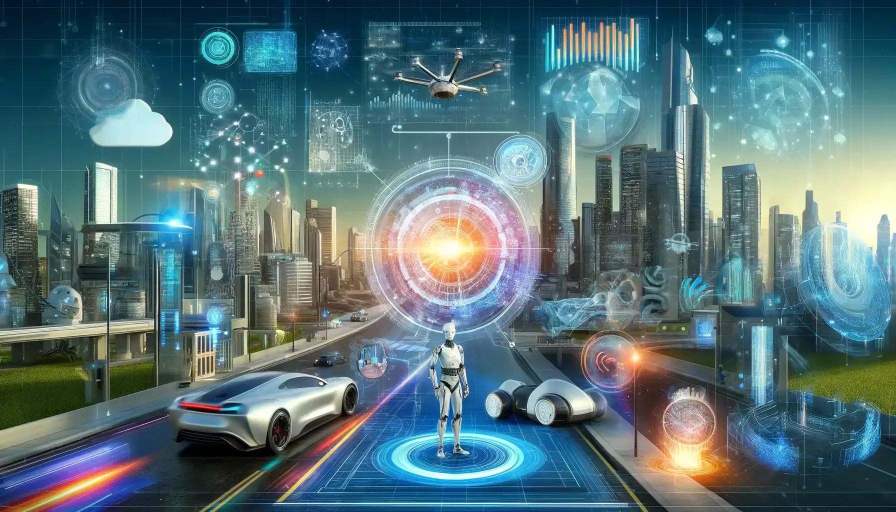 Futuristic cityscape featuring AI technologies like autonomous robots and digital interfaces symbolizing AI integration - Capabilities of Artificial Intelligence