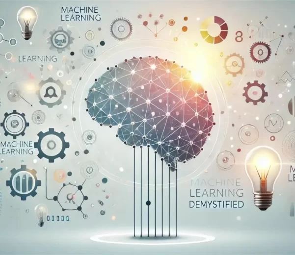 feature elements symbolizing simplicity and understanding, with a central human brain made of interconnected nodes and lines - Machine Learning Demystified