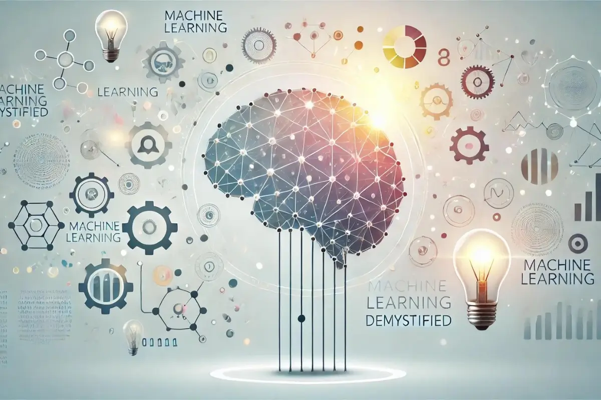 feature elements symbolizing simplicity and understanding, with a central human brain made of interconnected nodes and lines - Machine Learning Demystified